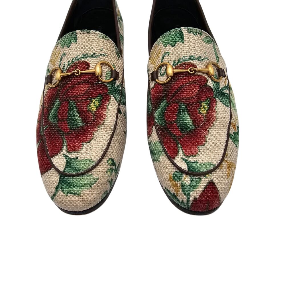 Gucci Jordaan Horsebit Flat Loafer Beige Floral Canvas Slip On Gold Size 38 US 8 - Picture 3 of 11